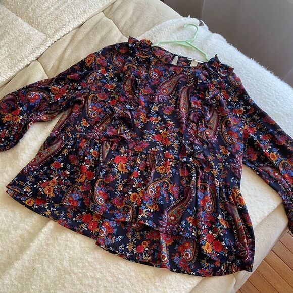 H&M Paisley Peplum Ruffle Long Sleeve Blouse - Size 14 - Picture 2 of 7